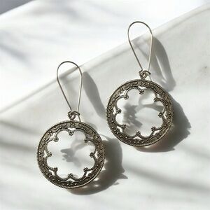 Scalloped Hoop Earrings Antique Silver Dangle Earrings Boho Chic Ethnic
